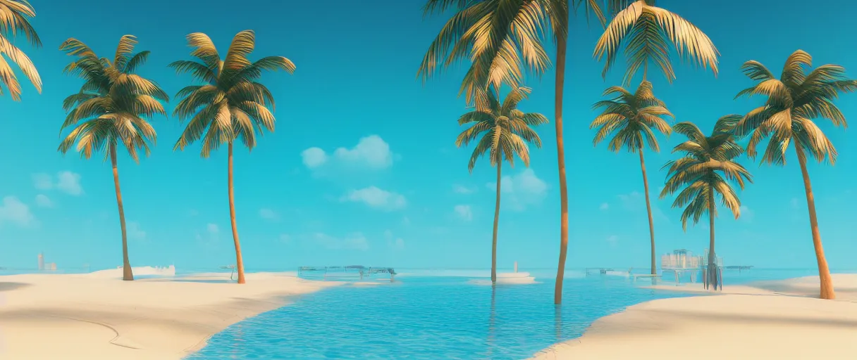 Prompt: synthwave beach, palm trees, water with caustics, 3 d octane render, raytracing, dynamic lighting, focus