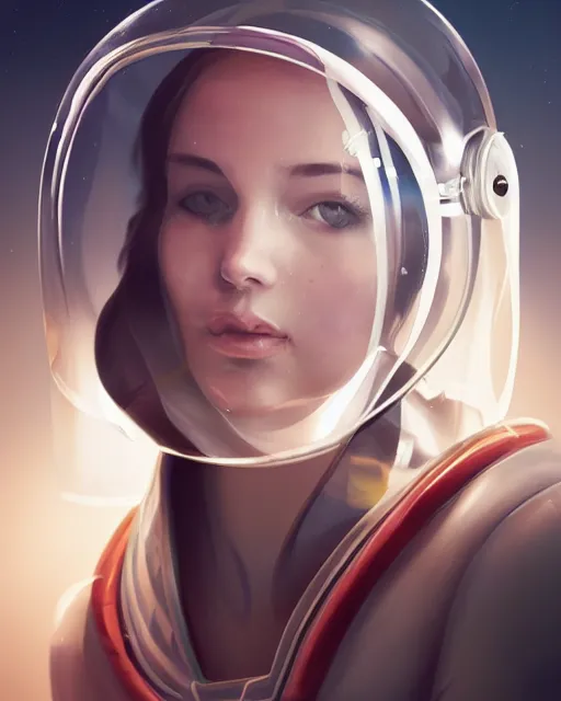 Image similar to beautiful girl in a transparent astronaut helmet, character concept style, by Mateusz Urbanowicz, beautiful girl, 8k character concept art, by WLOP, cinematic lighting, trending on artstation, symmetrical portrait symmetrical, highly detailed CGsociety, hyper