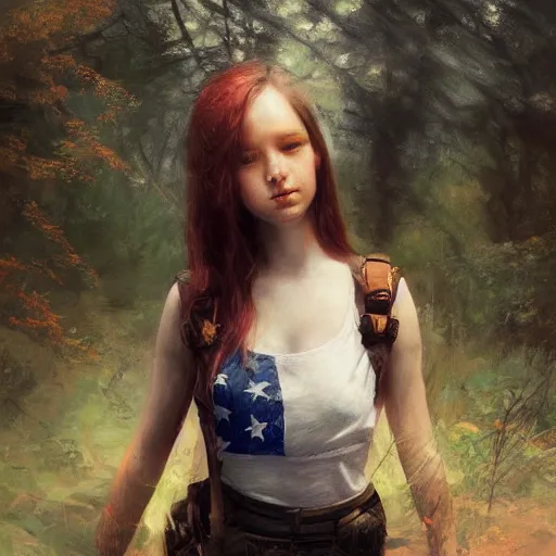 Image similar to tiny american flag in the forest, digital art by ruan jia and mandy jurgens and artgerm, realistic face, highly detailed, trending on artstation, award winning