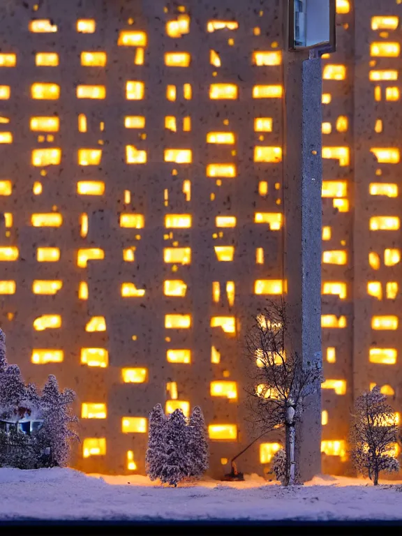 Prompt: detailed miniature diorama a soviet residential building, brutalism architecture, warm lights are on in the windows, man lies in the snow, dark night, fog, winter, blizzard, cozy and peaceful atmosphere, row of street lamps with warm orange light, several birches nearby