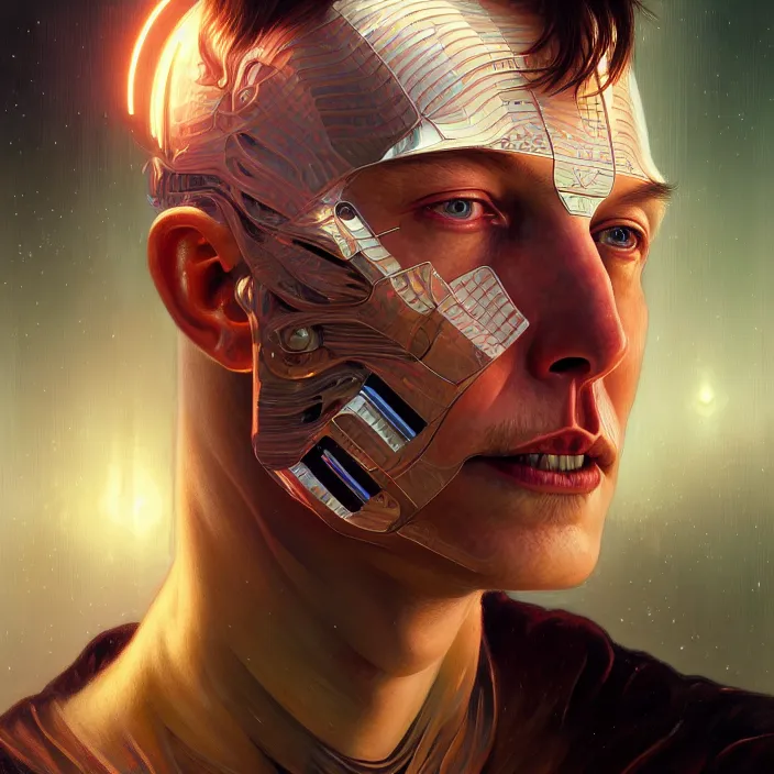 Image similar to portrait of Elon Musk organic cyborg, diffuse lighting, fantasy, intricate, elegant, highly detailed, lifelike, photorealistic, digital painting, artstation, illustration, concept art, smooth, sharp focus, art by John Collier and Albert Aublet and Krenz Cushart and Artem Demura and Alphonse Mucha