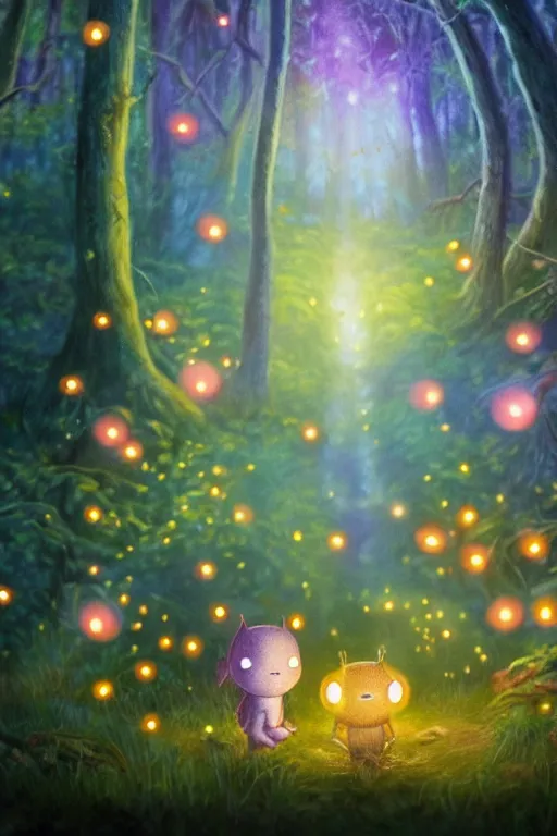 Image similar to Cute fireflies in a magical forest, oil canvas art by Basia tran fader, Katie Risor, Sandie Sonke and Maurice Sendak, 8k, ultra realistic , lens flare, atmosphere, glow, detailed,intricate, full of colour, cinematic lighting, trending on artstation, 4k, hyperrealistic, focused, extreme details,unreal engine 5, cinematic, masterpiece