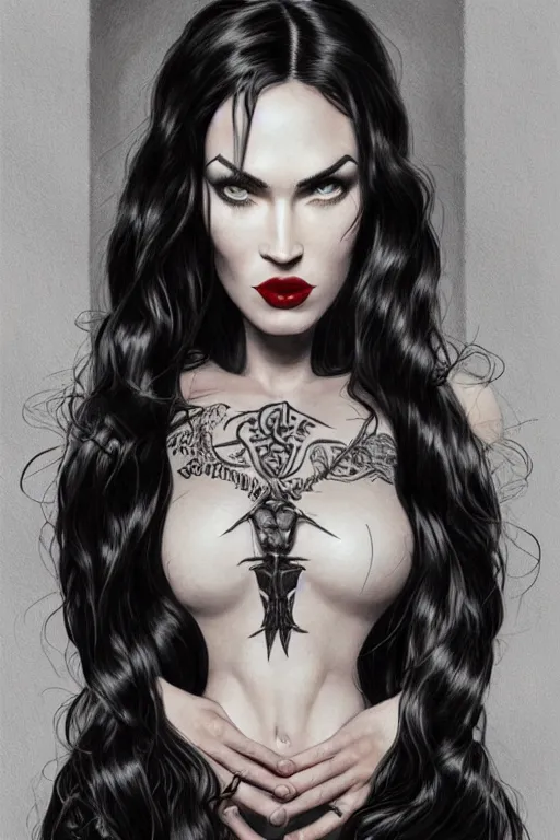 Image similar to ultra realistic illustration, a full body portrait of megan fox as morticia addams as death of the endless, the sandman, intricate, elegant, highly detailed, digital painting, artstation, concept art, smooth, sharp focus, illustration, art by artgerm and greg rutkowski and alphonse mucha