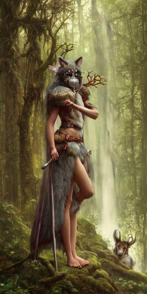 Image similar to hyper realistic Princess Mononoke in her mask, lush rainy forest landscape, wolves, magic, castle, jewels, style of tom bagshaw, mucha, james gurney, norman rockwell, gems and gold, waterfalls, denoised, sharp,