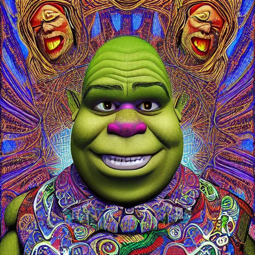 Prompt: a detailed digital art of Shrek in the style of Alex Grey, 8k, ornate, intricate