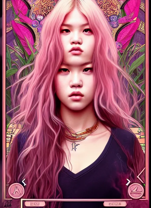 Image similar to jossi of blackpink, king, tarot card, highly detailed, digital painting, smooth, sharp focus, illustration, ultra realistic, unreal engine, 8 k, art by artgerm and alphonse mucha