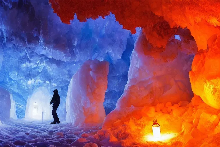 Prompt: three people exploring an open mysterious underground wintry crystalline glowing ice cave with warm lanterns, blue and orange tones, fantasy, concept art, amazing painting