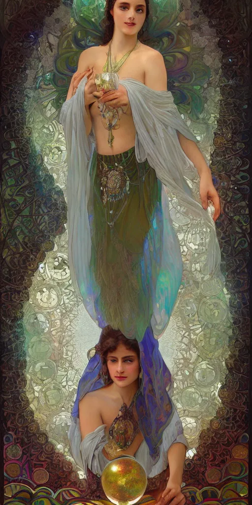 Prompt: a mystical digital illustration of a fortune - teller gypsy with a crystal ball in her hand, iridescent scaled skin, refraction and reflections, translucent, shawl, robes, scarf, artstation, painting by alphonse mucha and bouguereau and ruan jia and conrad roset