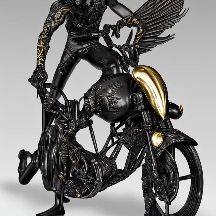 Image similar to fine art statue of masculine black egyptian man on a surrealist motorcycle, ebony art deco, carved black marble, inlaid with ebony and gold accents, ebony rococo, wings black lace wear, spider zero, zaha hadid, beautifully lit, hyper detailed, intricate, elite, ornate, photorealistic, micro details, 3 d sculpture, ray trace