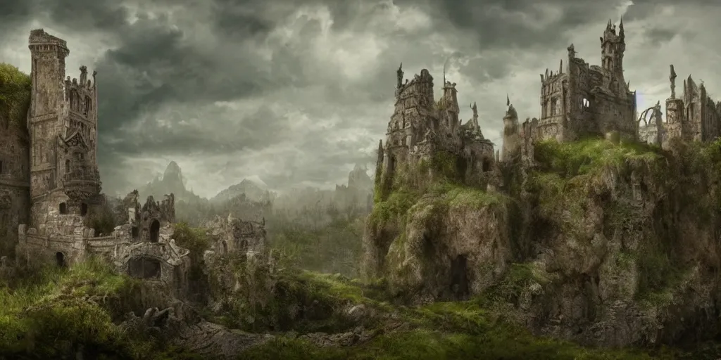 Image similar to matte painting, castle, dramatic landscape, overgrown