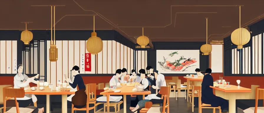 Image similar to a beautiful interior view illustration of a small roasted string hotpot restaurant in yan'an city, wall corner, chinese mountain architecture, restaurant wall paper is tower amd mountain, rectangle white porcelain table, people are eating, black chair, animation illustrative style, from china, simple style structure decoration design, victo ngai, james jean, 4 k hd