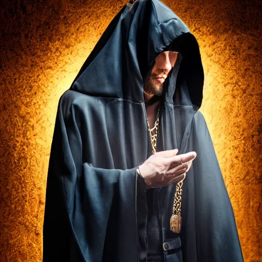 Prompt: a portrait of a man wearing a long dark cloak, hood and shadows covering face, holding golden chains, oil painting, Volumetric Golden dappled dynamic lighting, Highly Detailed, Cinematic Lighting, Unreal Engine, 8k, HD