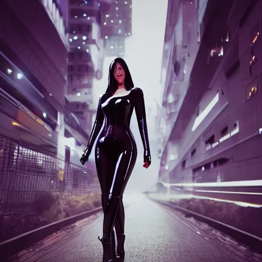 Image similar to futuristic cyberpunk lady dressed in latex catsuit, long hair, high heels, walking towards camera, cinematic, low angle, fog, wide angle, trending on art station