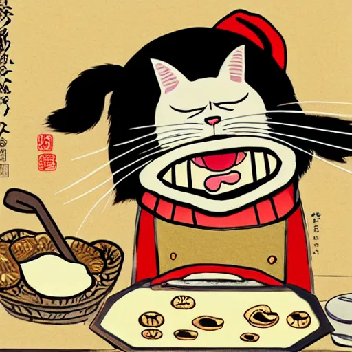 Prompt: a highly detailed illustration of an angry cat with a chef hat baking cookies, done in the style of ukiyo - e, 4 k