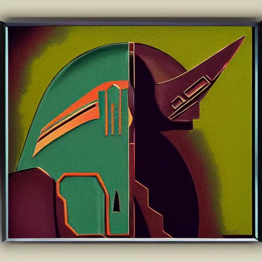 Prompt: textured art deco painting of boba fett, side profile, full body, flying from bottom left to top right, muted greens and browns, geometric, gold and deep purple background with lightning bolt