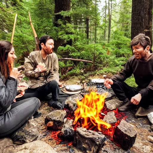 Prompt: photo, neanderthal people eating sushi, surrounded by dinosaurs, gigantic forest trees, sitting on rocks, bonfire