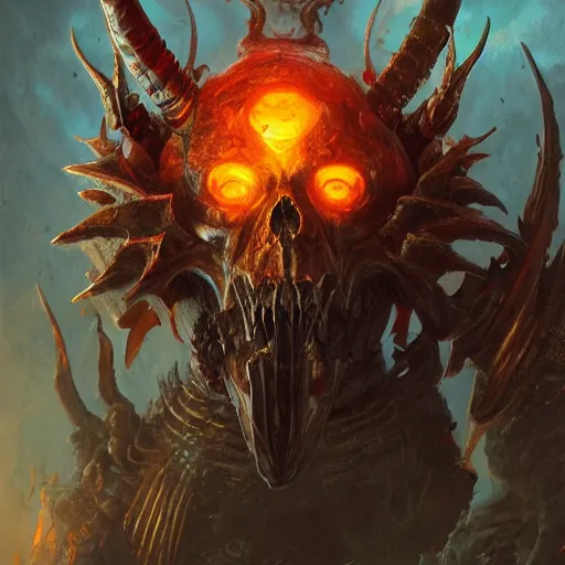 Prompt: diablo, head of a cute beetle, highly detailed, full body, devouring hero, epic, vibrant, intense, standing in front of a giant pile of skulls, pouncing death angel with sword, depth of field, dof, very coherent, artstation, ominous, greg rutkowski, aleksi briclot