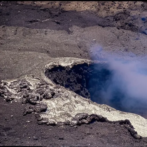 Image similar to old man sunbathing on a volcano, eruptions and lava on the ground, steam and thick sulfuric smoke, molten rocks, magma