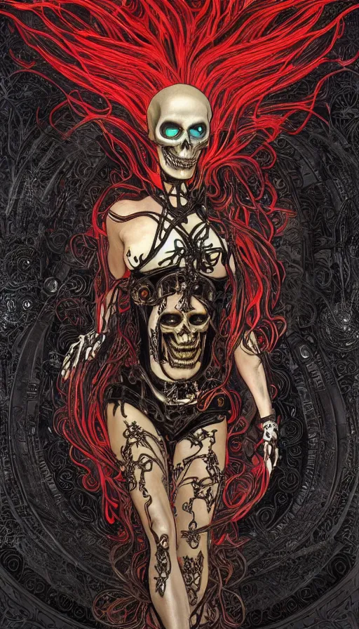 Prompt: a finely detailed beautiful!!! feminine cyberpunk ghost rider with skull face and long flowing hair made of fire and flames, dressed in black leather, by Alphonse Mucha, designed by H.R. Giger, legendary masterpiece, stunning!, saturated colors, black background, full body portrait, zoomed out to show entire figure, trending on ArtStation