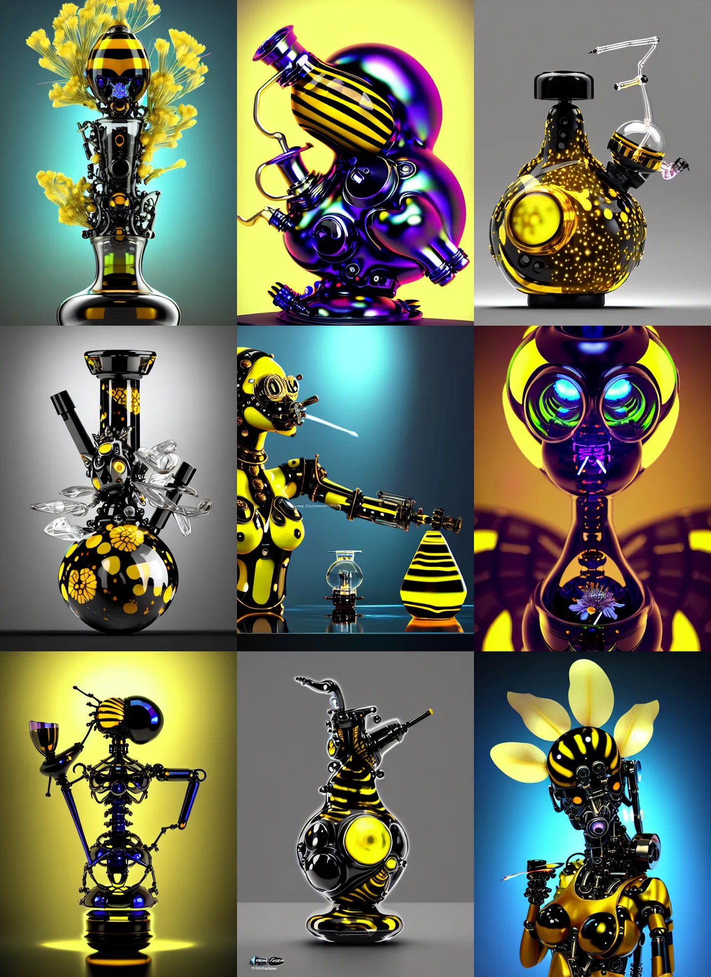 Prompt: cybernetic pearlescent obsidian bumblebee edm cyborg, smoking floral bong | ornate | glamorous oily soft polished rich enticing modern | weta disney pixar movie still photo | hi - fructose, sci fi fantasy, golden ratio, smooth, octane render, sharp focus, artstation, concept art | beeple, feng zhu, mucha, rutkowski |