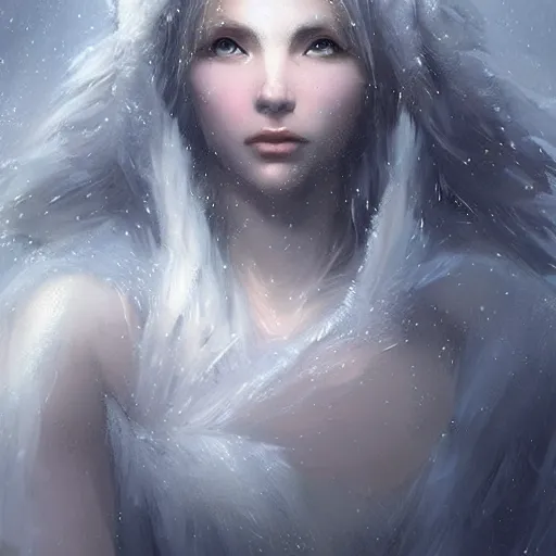 Image similar to a beautiful portrait of an winter goddess with ice hair by Greg Rutkowski and Raymond Swanland, snowflakes falling, Trending on Artstation, ultra realistic digital art