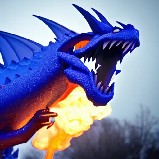Image similar to a cobalt colored dragon breathing fire during winter, dynamic lighting, volumetric, wide angle, anamorphic lens, go pro, 4k