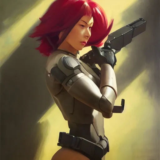 Image similar to greg manchess portrait painting of invisible armored motoko kusanagi as overwatch character, medium shot, asymmetrical, profile picture, organic painting, sunny day, matte painting, bold shapes, hard edges, street art, trending on artstation, by huang guangjian, gil elvgren, ruan jia, greg rutkowski, gaston bussiere