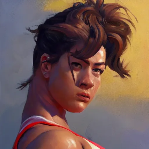 Image similar to greg manchess portrait of thick muscular weightlifter zarya from overwatch with ponytail, medium shot, asymmetrical, profile picture, organic painting, sunny day, matte painting, bold shapes, hard edges, street art, trending on artstation, by huang guangjian and gil elvgren and sachin teng