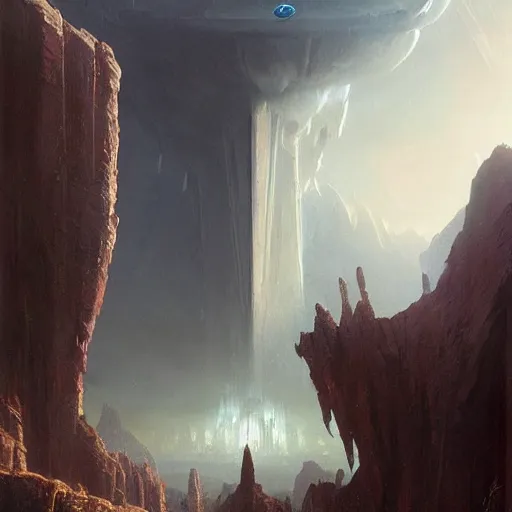 Prompt: pulp fantasy concept art painting of an alien monolith hovering over alien civilization, by greg rutkowski and james gurney