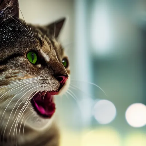 Image similar to photo of a cream colored cat meowing loudly into a black microphone, hyperrealistic, studio lighting, bokeh blur, close up, very detailed, sharp