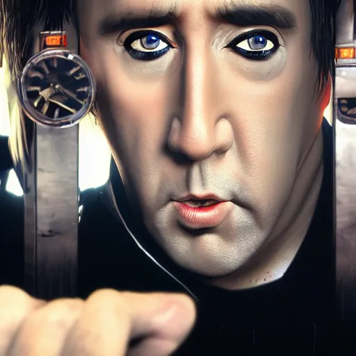 Image similar to Nicolas Cage is cutting a clockwork orange, artstation, epic lighting, octane render, ultra high resolution, 8k, hyper realistic,