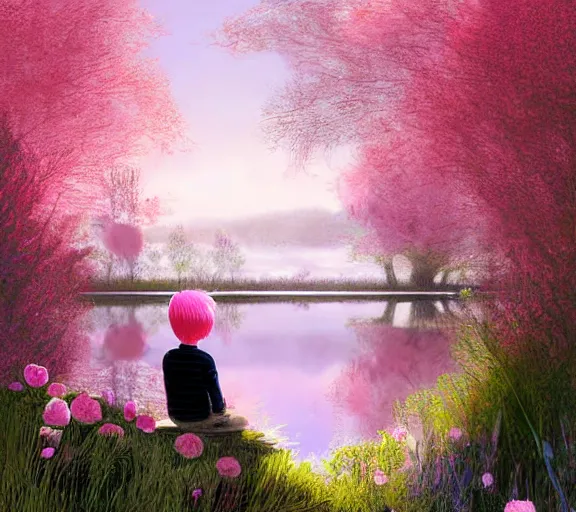 Image similar to pink haired boy backlit staring at black haired boy from across a pond, by alan lee, muted colors, springtime, colorful flowers & foliage in full bloom, sunlight filtering through trees & skin, digital art, art station cfg _ scale 9