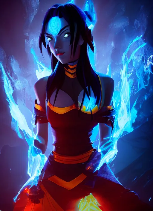 Image similar to azula from avatar the last airbender posing, blue flames, dark atmosphere, cinematic shot, intricate, ornate, photorealistic, ultra detailed, realistic, 1 0 0 mm, photography, octane, high definition, depth of field, realism, 8 k, artstation