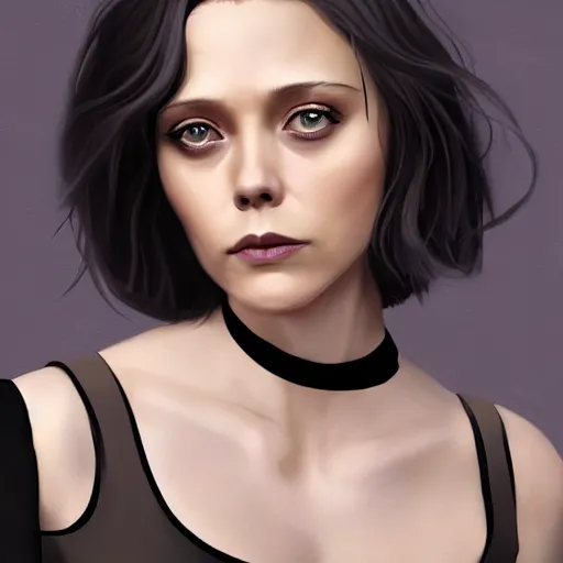 Prompt: a woman who looks like a mixture between Elizabeth Olsen, Mary Elizabeth Winstead and young Sigourney Weaver, black bob hair, wearing futuristic beige and black jumpsuit, scifi, highly detailed portrait, digital painting, artstation, concept art, smooth, sharp focus, illustration, ArtStation HQ