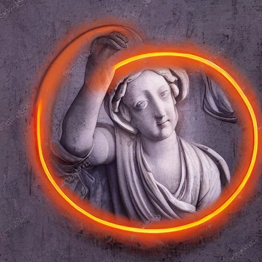 Image similar to a renaissance statue on a neon ring background