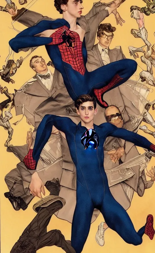 Image similar to Timothee Chalamet is Peter parker spiderman, +++ super super super dynamic posing, j.c. leyendecker, Valentina Remenar, thick eyebrows, super serious facial expression, upscaled