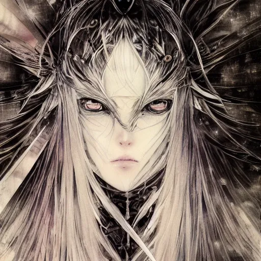 Image similar to yoshitaka amano blurred and dreamy realistic illustration of an anime girl with wavy white hair and cracks on her face wearing elden ring armour with the cape fluttering in the wind, abstract black and white patterns on the background, noisy film grain effect, highly detailed, renaissance oil painting, weird portrait angle