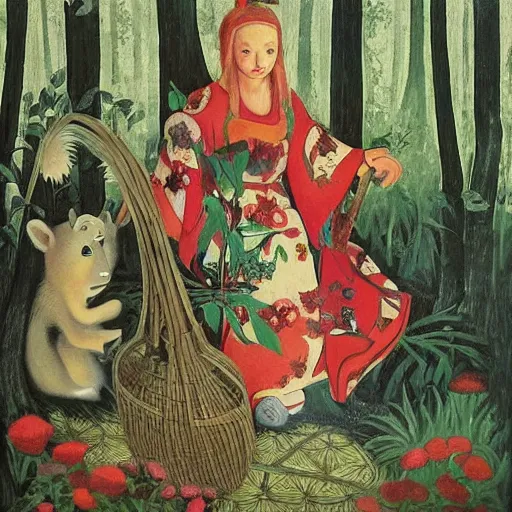 Prompt: In the painting Vasilisa can be seen standing in the forest, surrounded by animals. She is holding a basket of flowers in one hand and a spindle in the other. Her face is turned towards the viewer, with a gentle expression. In the background, the forest is depicted as a dark and mysterious place. by Go Nagai, by Michael Cheval realist, imposing