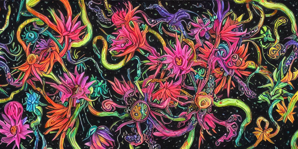 Image similar to full color page scan of unique lovecraftian flower on black background, in gouache detailed paintings, props, stylized, 2 d sprites, kitbash, 8 k, close up