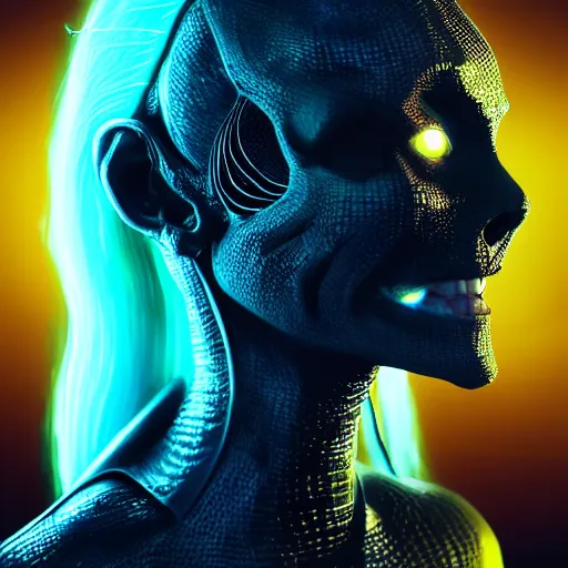 Image similar to dark art, Hot reptile humanoid woman, wearing armor, long blue hair, glowing yellow eyes, dark world, futuristic, digital art, artstation, concept art, 4k, 8k