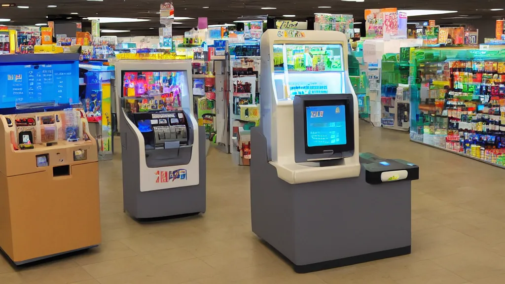 Prompt: acrylic art financial convenience store robo - cashier