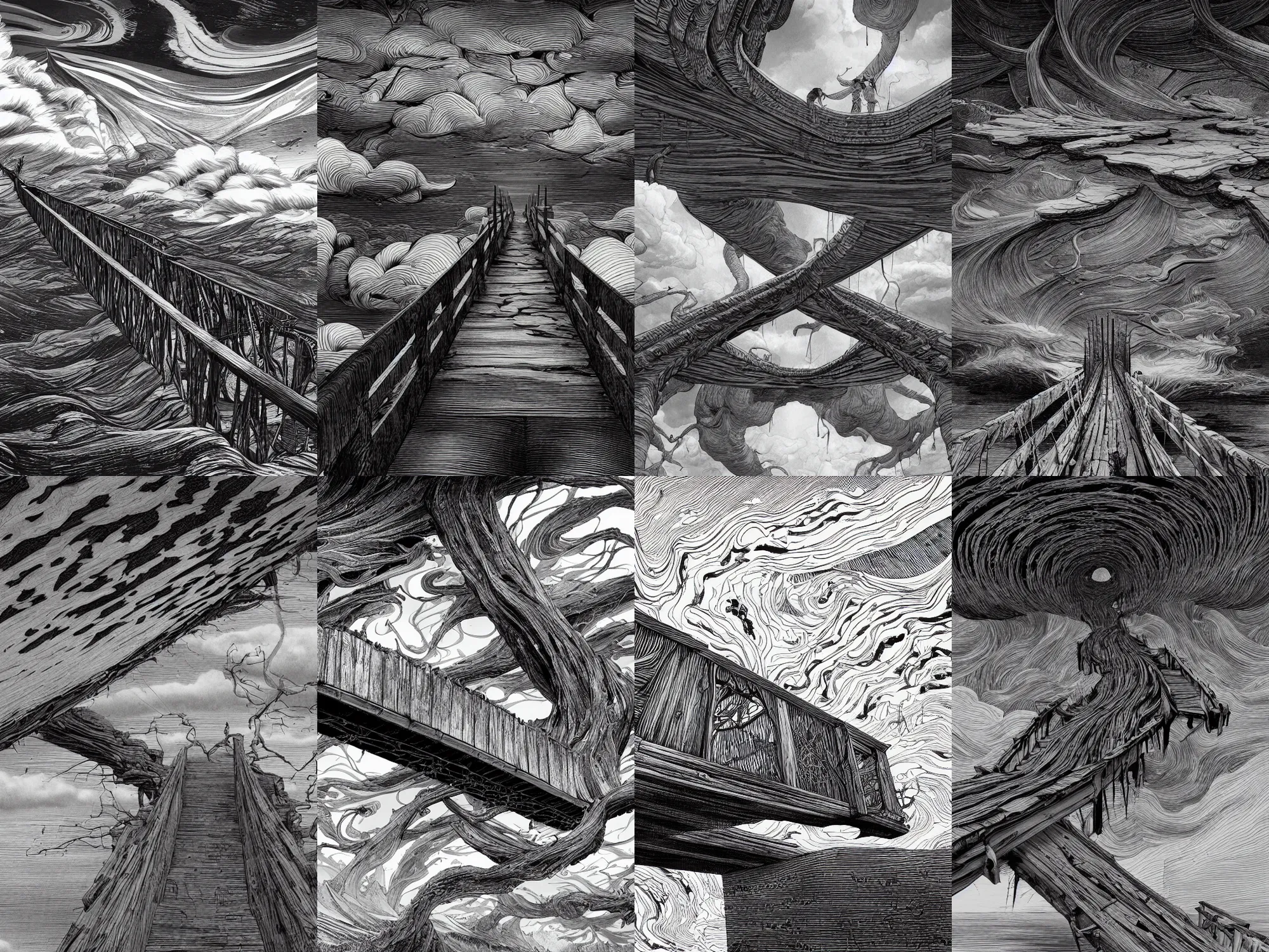 Prompt: an old wood bridge that climb into the sky, swirly clouds in the background, art by James Jean and Wayne Barlowe, high details , black and white ink, cinematic, cgsociety 8k