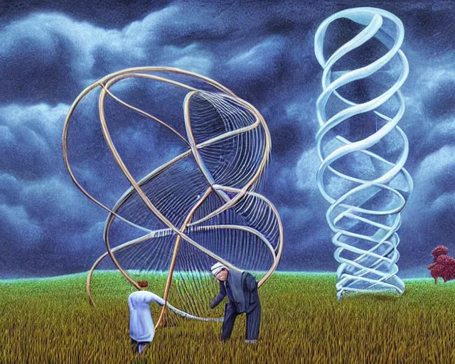 Image similar to in a field, two scientists in lab coats encounter a monster shaped like the DNA double helix, stormy weather, by Rob Gonsalves