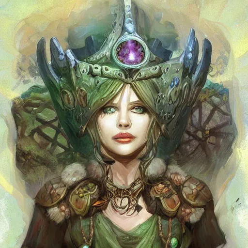 Image similar to Lady Yggdrasil Queen Portrait Portrait Portrait Planescape Torment Vagrant Story Character Time Druid Face Head Eyes Jordan Grimmer Oleg Zherebin Till Freitag Tamas Medve Todor Hristov Ilya Repin