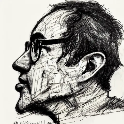 Prompt: a realistic yet scraggly portrait sketch of the side profile of a stern and sophisticated filthy frank, trending on artstation, intricate details, in the style of frank auerbach, in the style of sergio aragones, in the style of martin ansin, in the style of david aja, in the style of mattias adolfsson