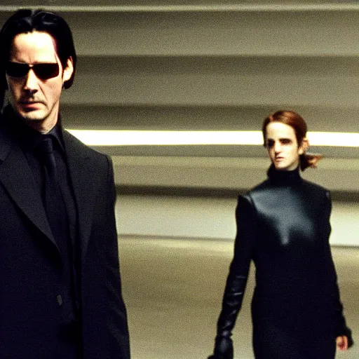 Image similar to keanu reeves and emma watson in the matrix 4