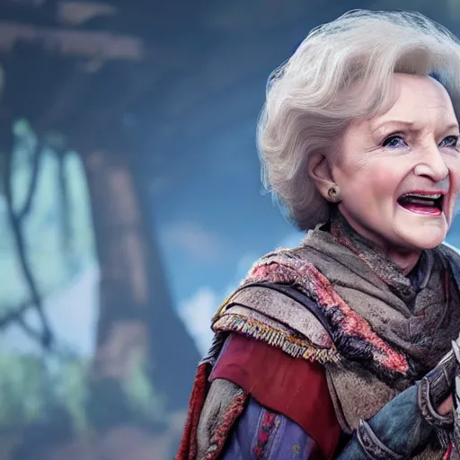 Image similar to film still of Betty White as Aloy in Horizon Zero Dawn