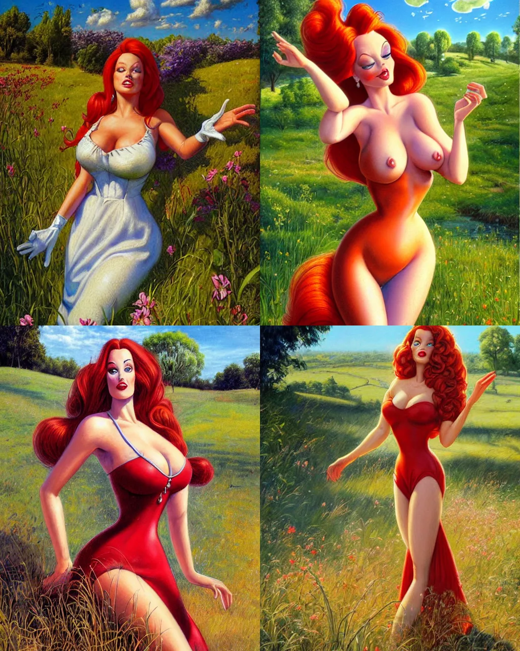 Prompt: portrait, jessica rabbit wearing a beautiful summer dress in the countryside, by greg staples and jeff easley, beautiful scene, hyperrealistic, intricate, summer day, sunlight, cheerful, soft lighting, detailed