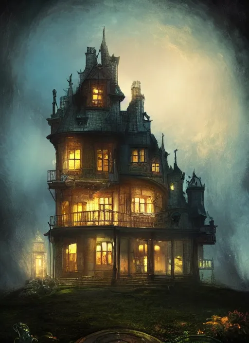 Image similar to glowing mansion in burning vapor dramatic lighting, artstation, matte painting, alexander fedosav, alexander jansson