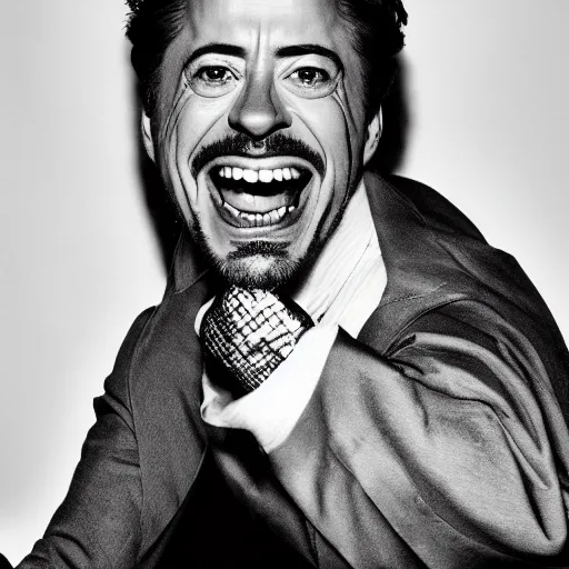 Image similar to B&W outtake of Robert Downey Junior laughing as iron man (2008) 35mm getty